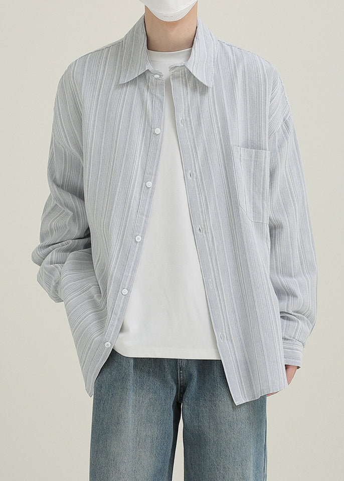 Loose Light Blue Pockets Cotton Men Shirts Peter Pan Collar Spring