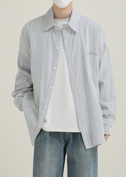 Loose Light Blue Pockets Cotton Men Shirts Peter Pan Collar Spring