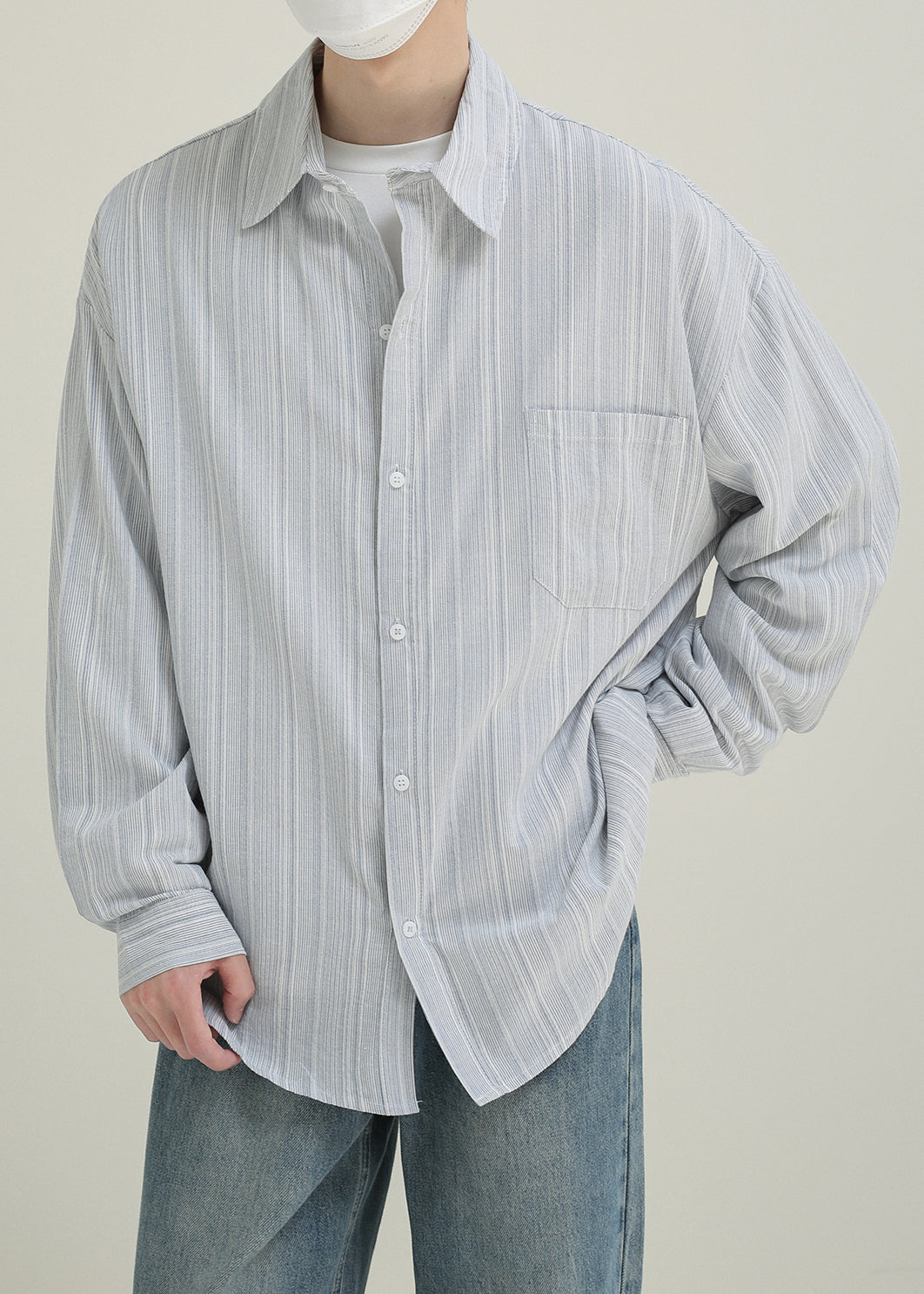Loose Light Blue Pockets Cotton Men Shirts Peter Pan Collar Spring