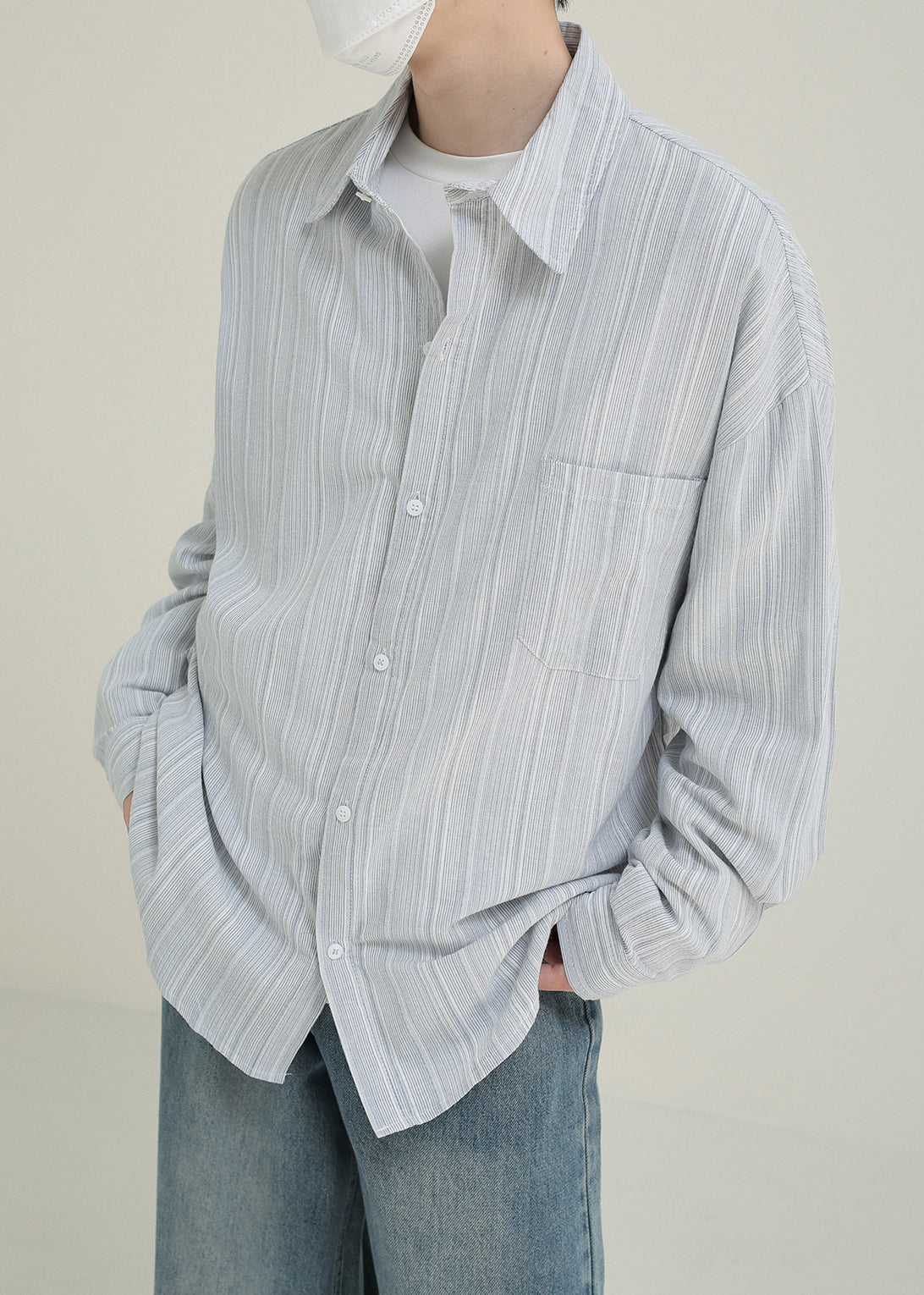 Loose Light Blue Pockets Cotton Men Shirts Peter Pan Collar Spring