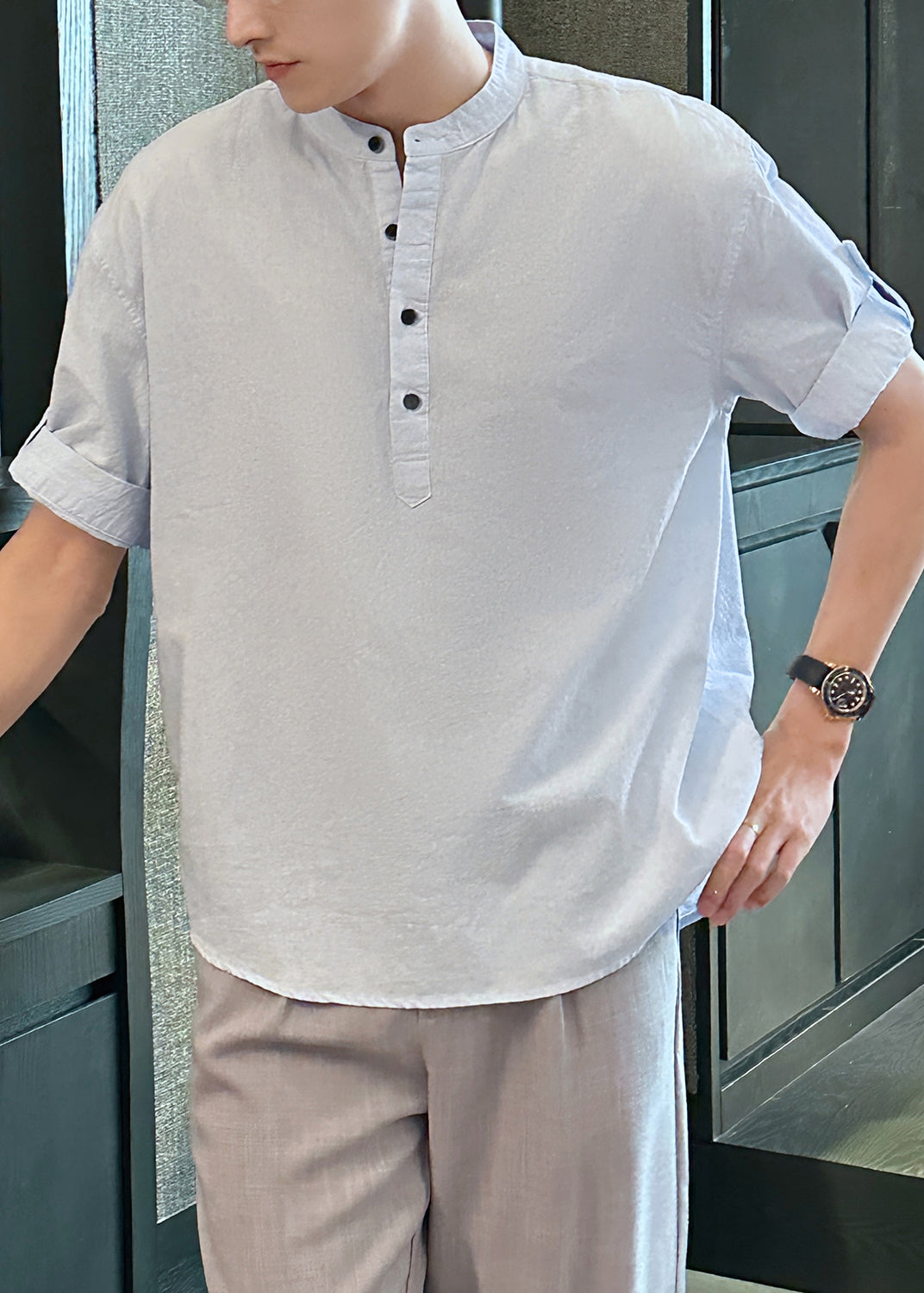 Loose Light Blue Stand Collar Button Cotton Shirts Summe