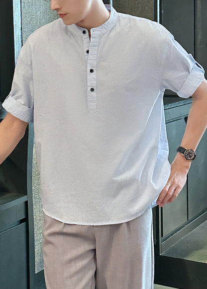 Loose Light Blue Stand Collar Button Cotton Shirts Summe