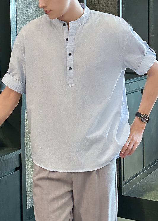 Loose Light Blue Stand Collar Button Cotton Shirts Summe