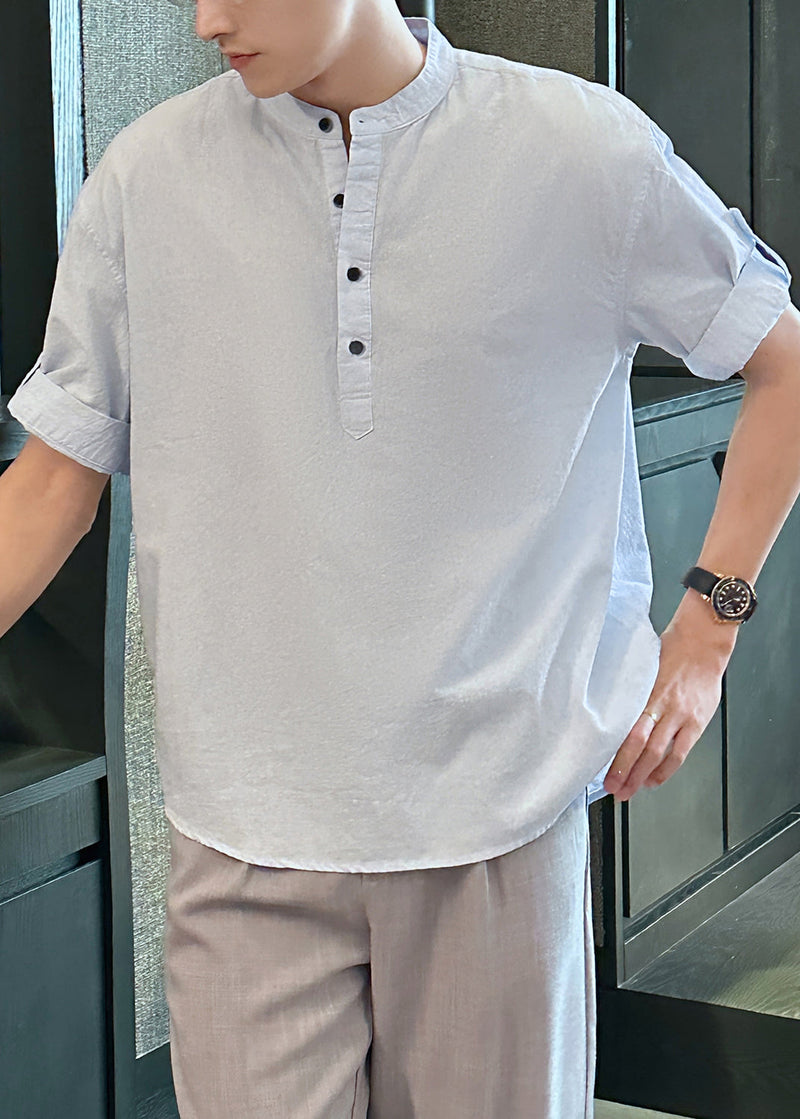 Loose Light Blue Stand Collar Button Cotton Shirts Summe