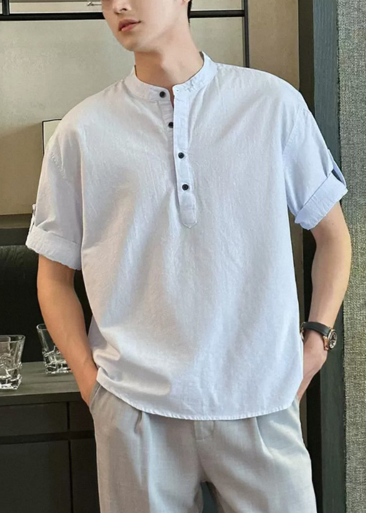 Loose Light Blue Stand Collar Button Cotton Shirts Summe