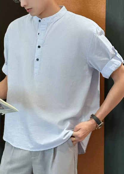 Loose Light Blue Stand Collar Button Cotton Shirts Summe