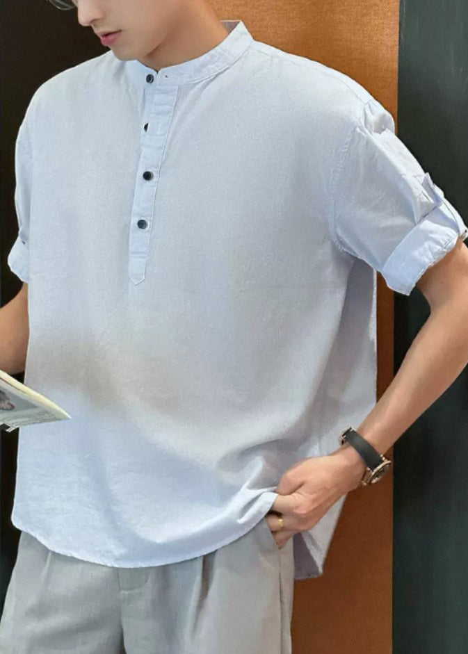 Loose Light Blue Stand Collar Button Cotton Shirts Summe