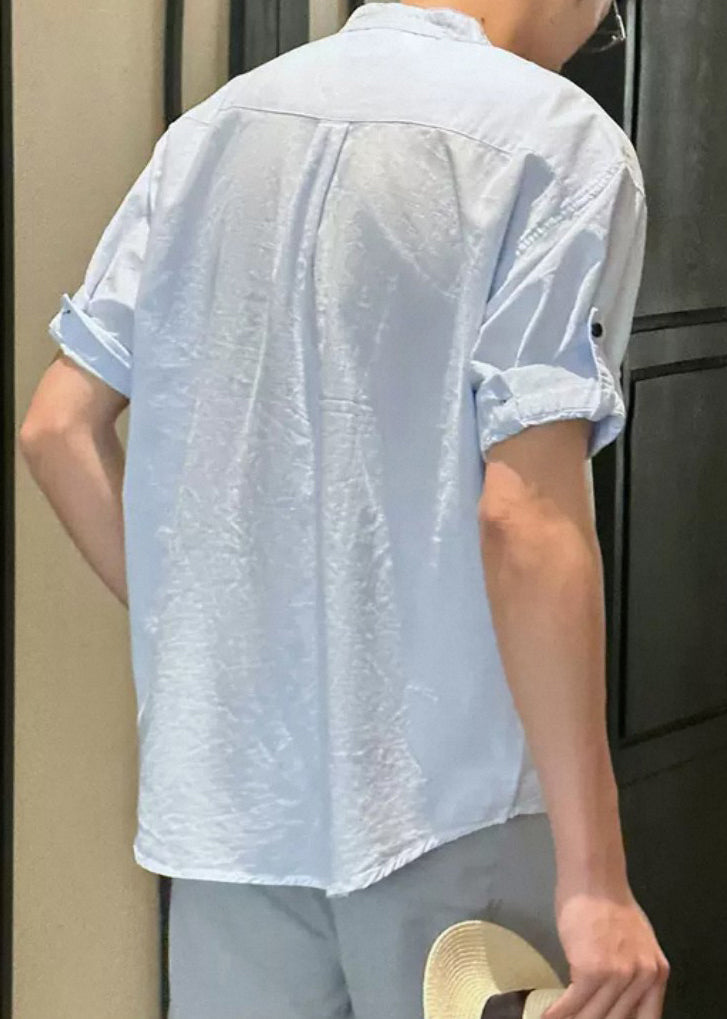 Loose Light Blue Stand Collar Button Cotton Shirts Summe