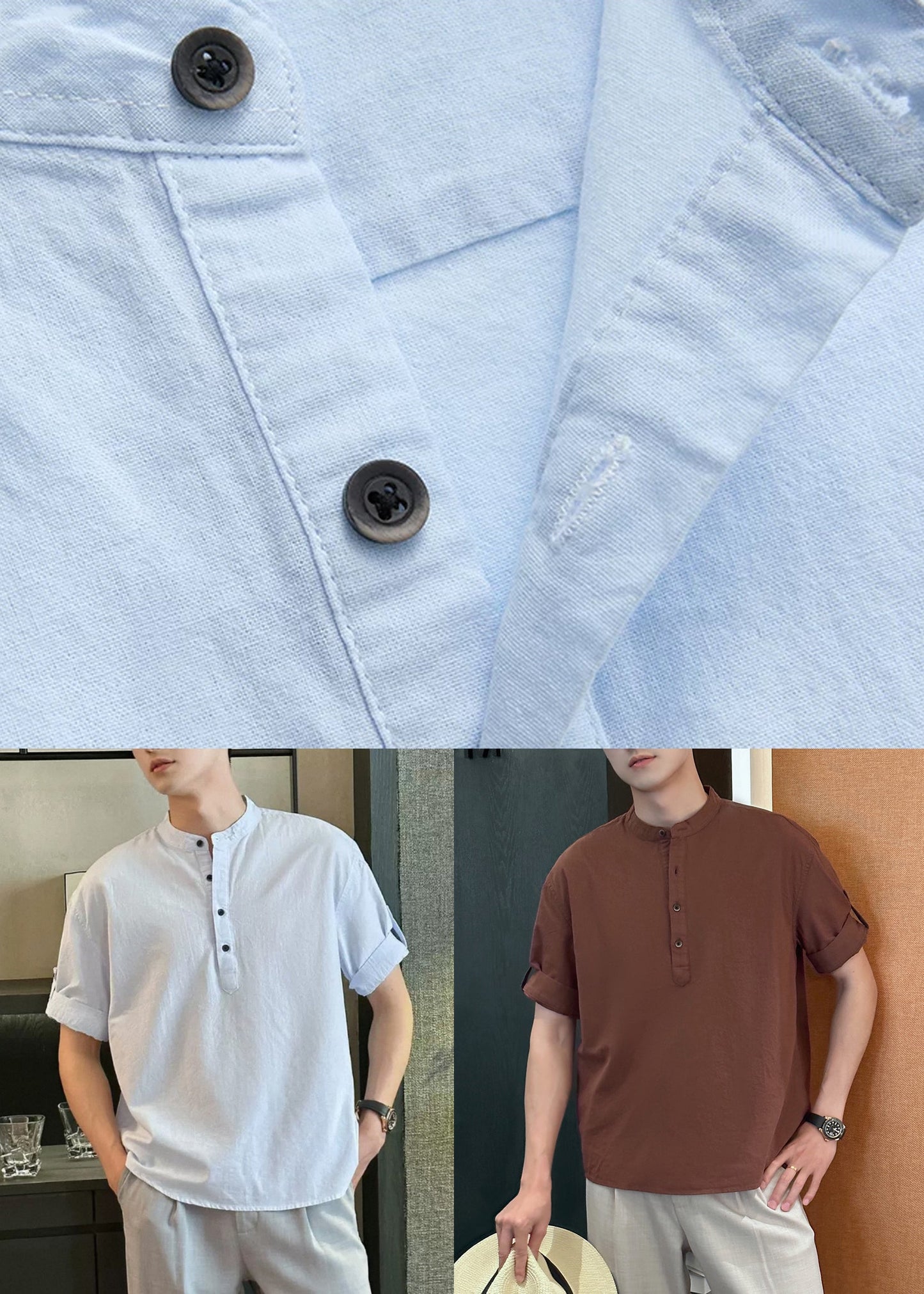 Loose Light Blue Stand Collar Button Cotton Shirts Summe