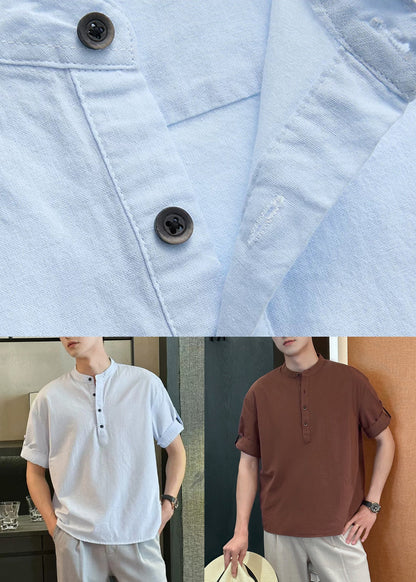 Loose Light Blue Stand Collar Button Cotton Shirts Summe