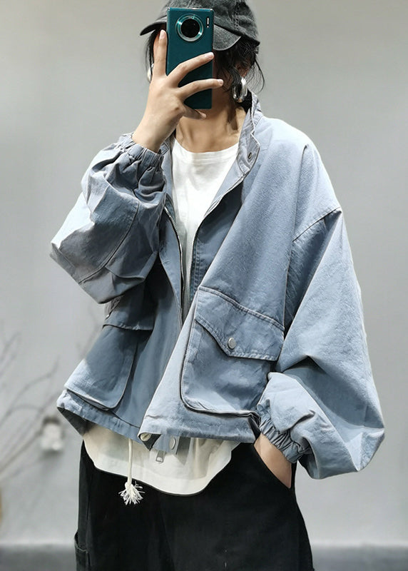 Loose Light Blue Stand Collar Zippered Drawstring Pockets Cotton Coats Long Sleeve
