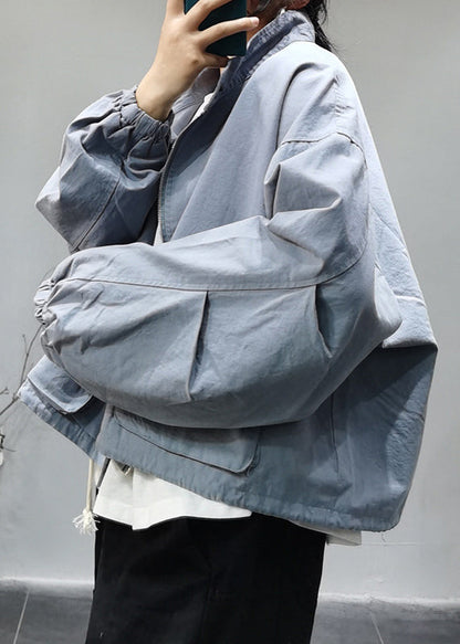 Loose Light Blue Stand Collar Zippered Drawstring Pockets Cotton Coats Long Sleeve