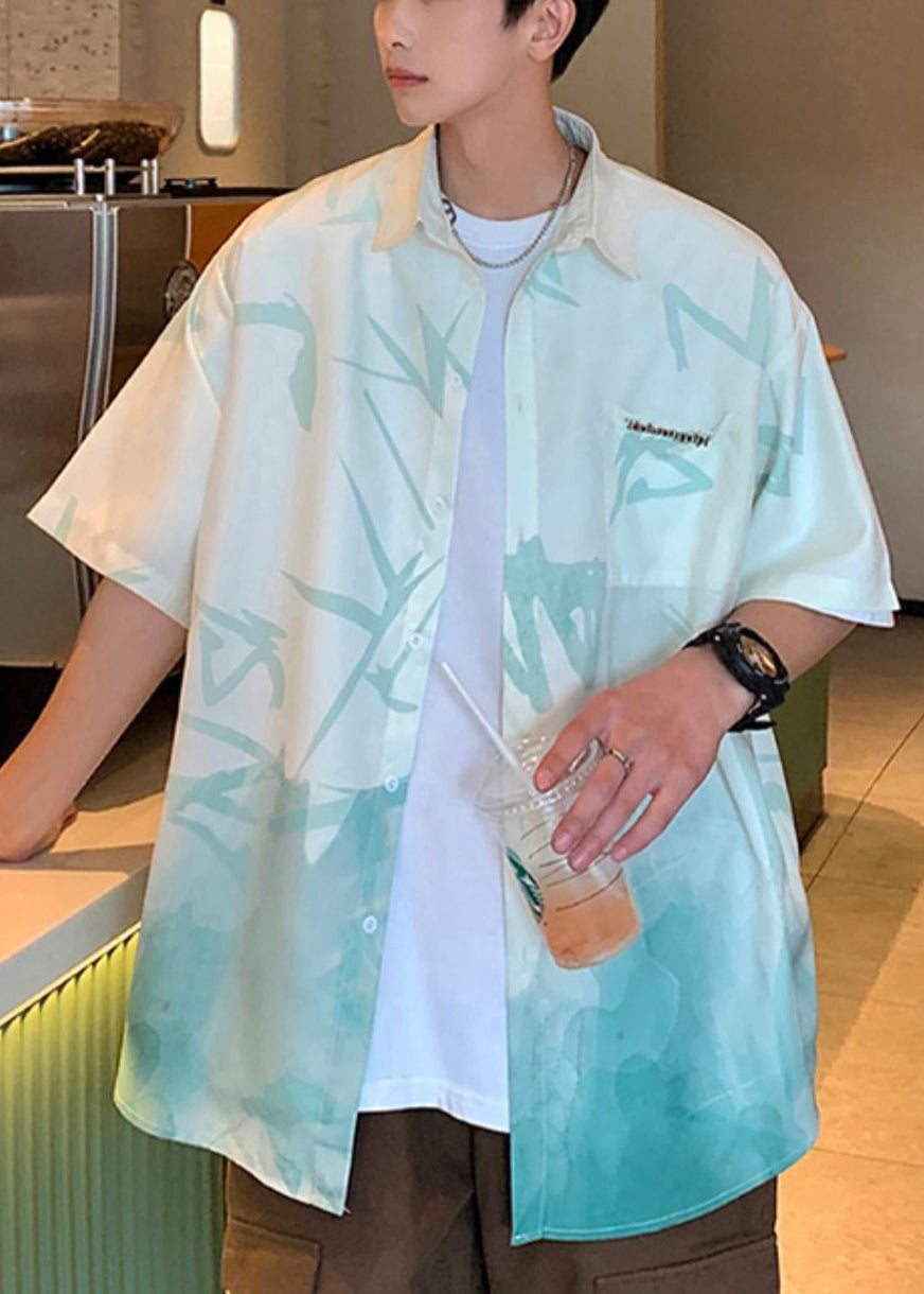 Loose Light Green Gradient Color Print Button Ice Silk Shirts Summer