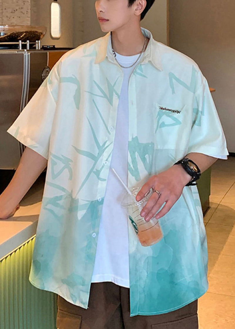 Loose Light Green Gradient Color Print Button Ice Silk Shirts Summer