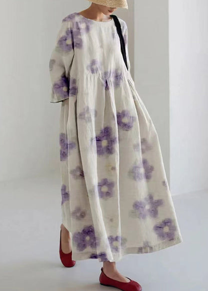Loose Light Green O-neck Print Pockets Vacation Long Dresses Bracelet Sleeve