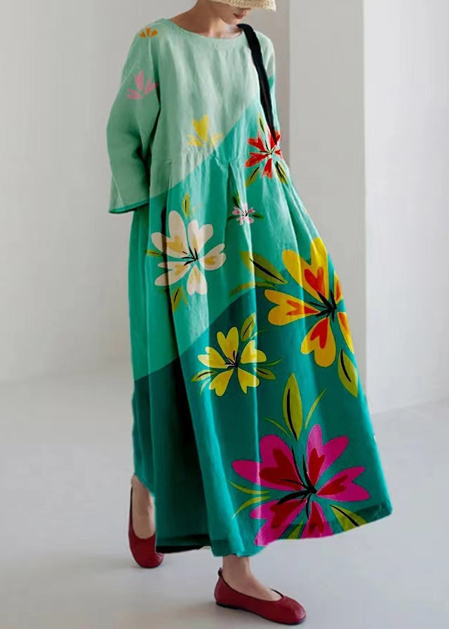 Loose Light Green O-neck Print Pockets Vacation Long Dresses Bracelet Sleeve