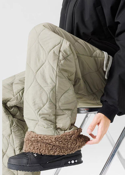 Loose Light Green Original Design Elastic Waist Patchwork Warm Fleece Pants Winter