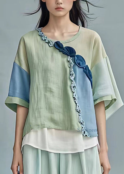 Loose Light Green Patchwork Top Half Sleeve