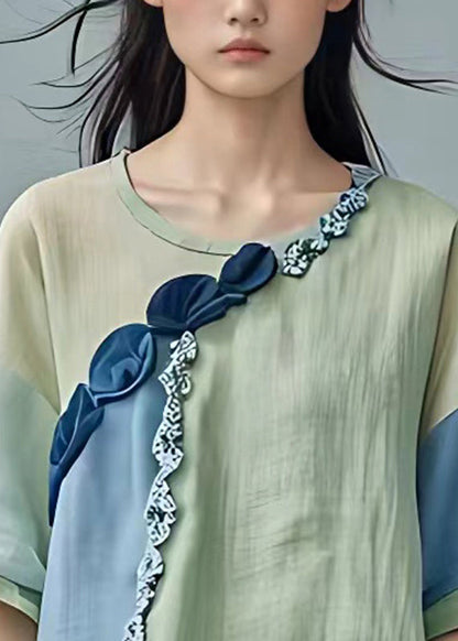 Loose Light Green Patchwork Top Half Sleeve