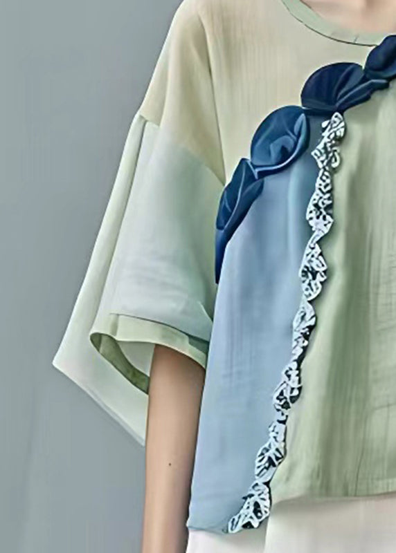 Loose Light Green Patchwork Top Half Sleeve