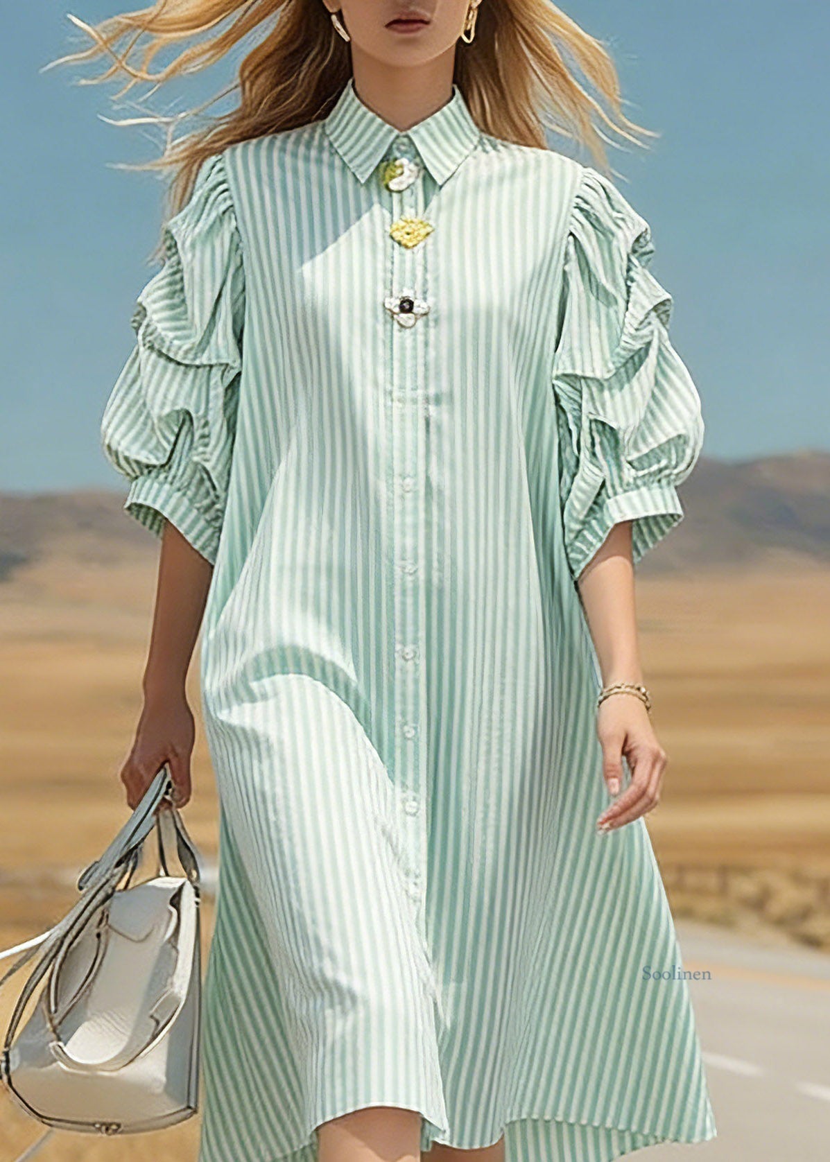 Loose Light Green Peter Pan Collar Striped Patchwork Low High Design Long Dresses Half Sleeve