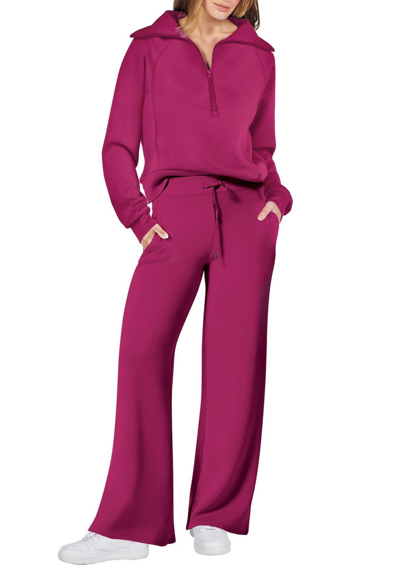 Loose Light Green Zip Up Tops and Wide Leg Pants Cotton Two Pieces Set Spring