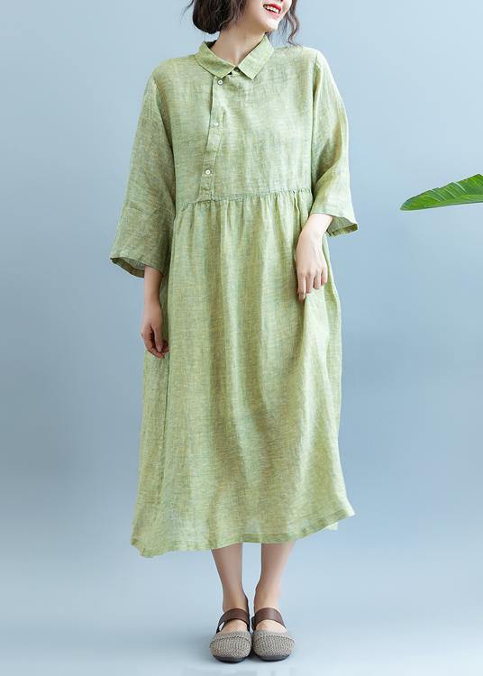 Loose Light Green Cotton Quilting Clothes Lapel Cotton Summer Dress