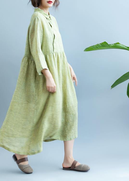 Loose Light Green Cotton Quilting Clothes Lapel Cotton Summer Dress