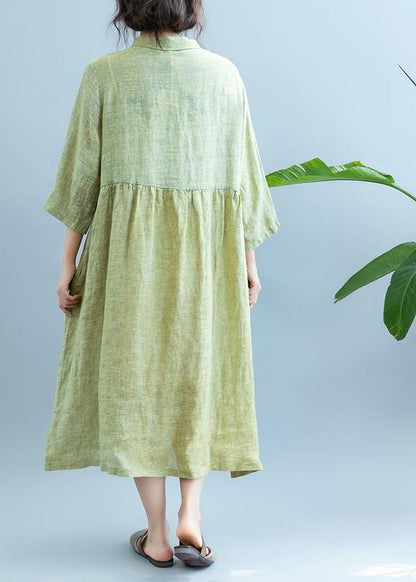 Loose Light Green Cotton Quilting Clothes Lapel Cotton Summer Dress