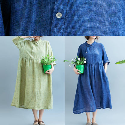 Loose Light Green Cotton Quilting Clothes Lapel Cotton Summer Dress