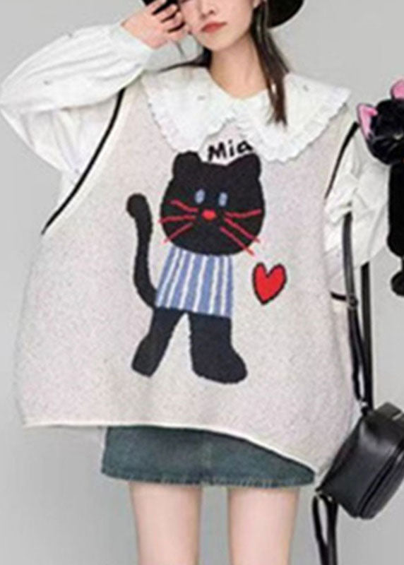 Loose Light Grey O-neck Animal Cozy Cotton Knit Waistcoat Fall