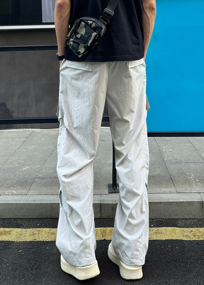 Loose Light Grey Pockets Elastic Waist Cotton Pants Summer