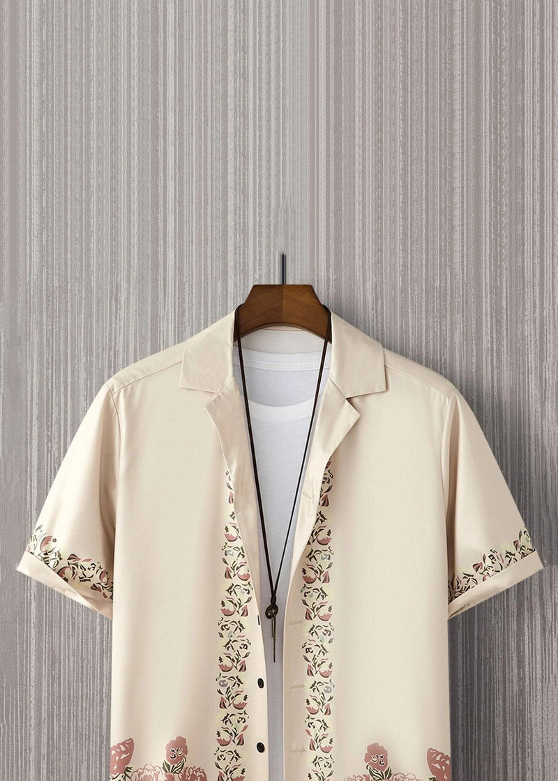 Loose Light Khaki Peter Pan Collar Print Cotton Shirt Summer