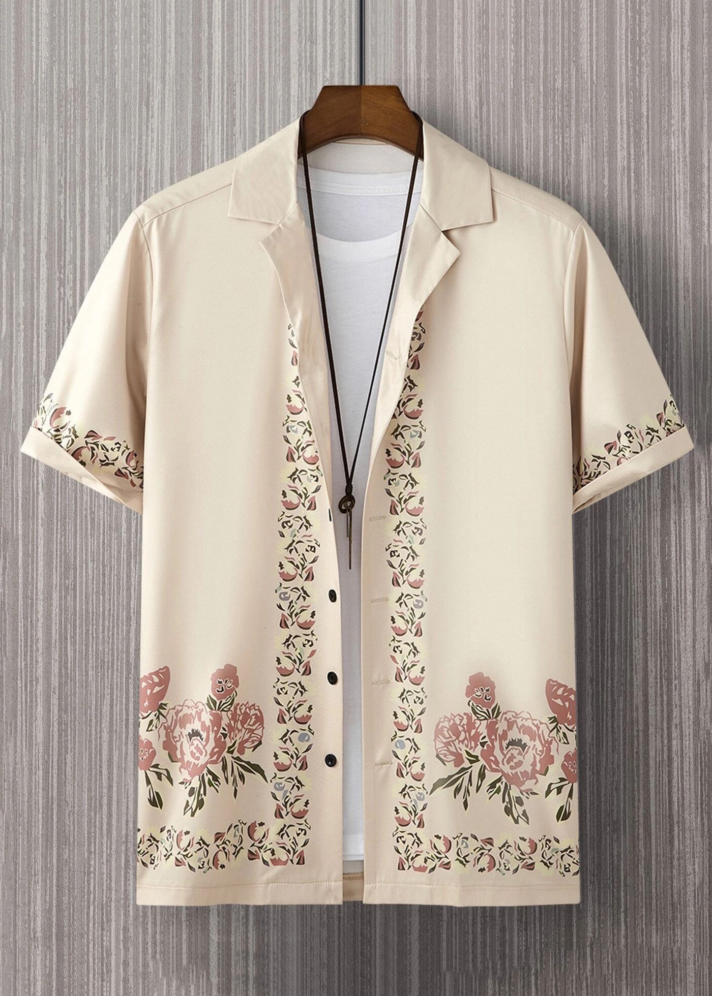 Loose Light Khaki Peter Pan Collar Print Cotton Shirt Summer