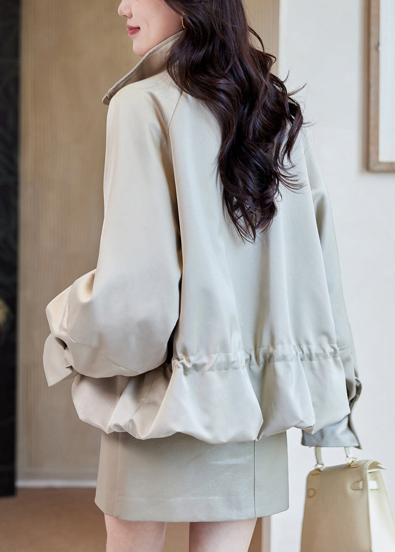Loose Light Khaki Stand Collar Zippered Drawstring Cotton Coats Spring