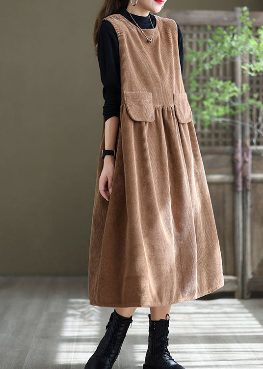 Loose Light Orange O-neck Patchwork Corduroy Party Dress Sleeveless