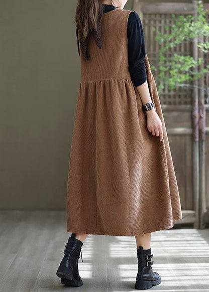 Loose Light Orange O-neck Patchwork Corduroy Party Dress Sleeveless