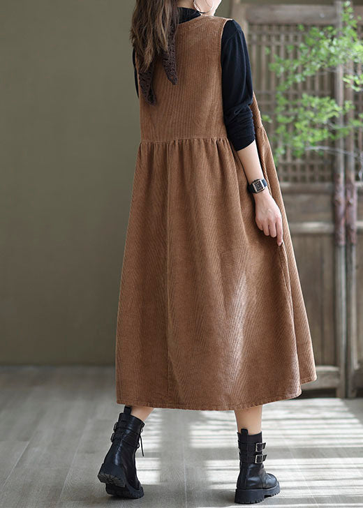 Loose Light Orange O-neck Patchwork Corduroy Party Dress Sleeveless