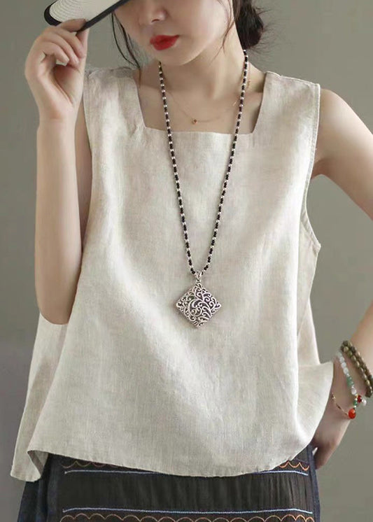 Loose Linen Colour Square Collar Linen Tops Summer