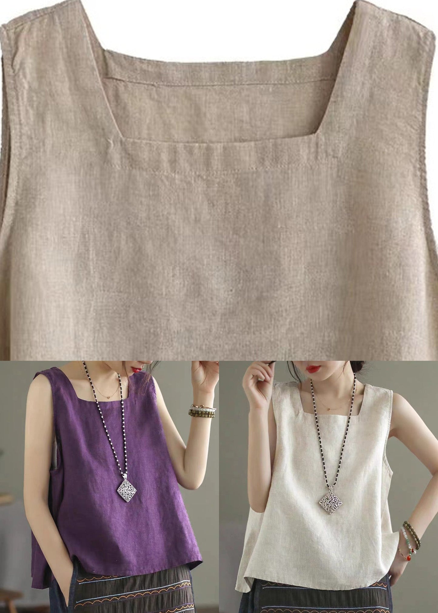 Loose Linen Colour Square Collar Linen Tops Summer