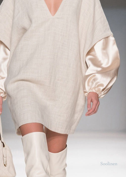 Loose Linen V Neck Silk Patchwork Mini Dresses Spring