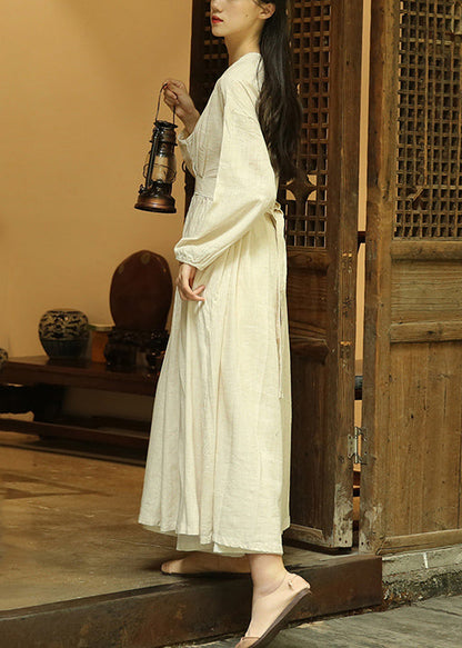 Loose Linen V Neck Wrinkled Patchwork Linen Long Dresses Fall