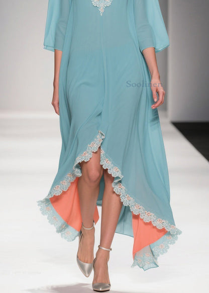 Loose Mint Green Blue Asymmetrical Lace Chiffon Dress Half Sleeve