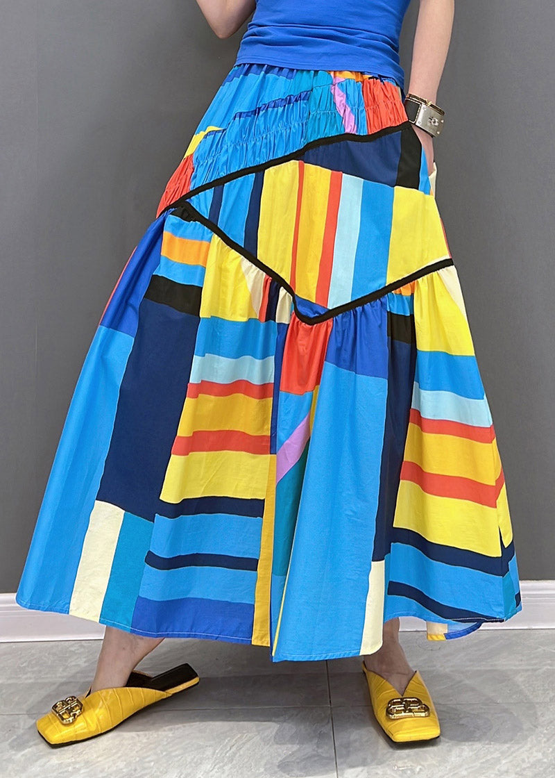 Loose Multi Striped Wrinkled Patchwork Pockets Elastic Waist Skirt Summer