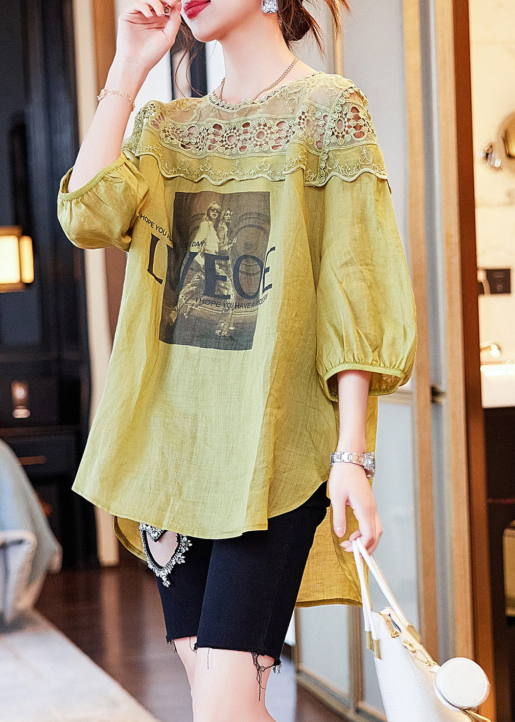 Loose Mustard Print Hollow Out Linen Tops Summer