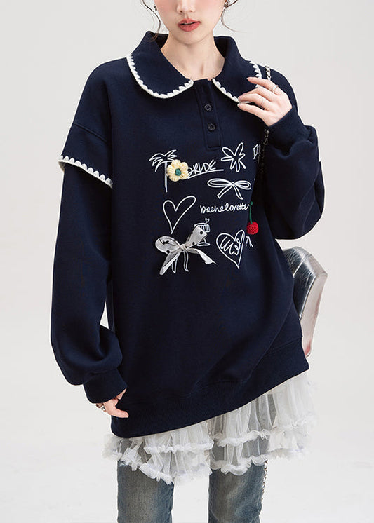 Loose Navy Button Print Cotton Pullover Streetwear Spring