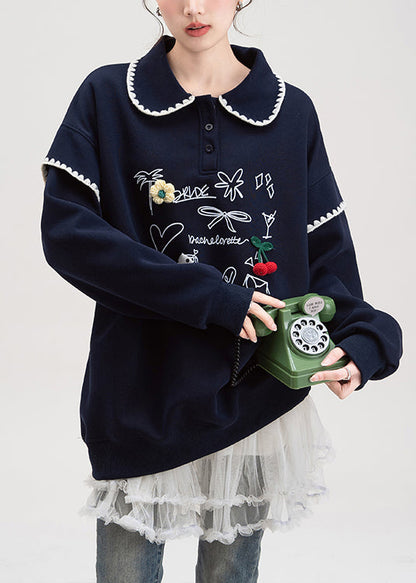 Loose Navy Button Print Cotton Pullover Streetwear Spring