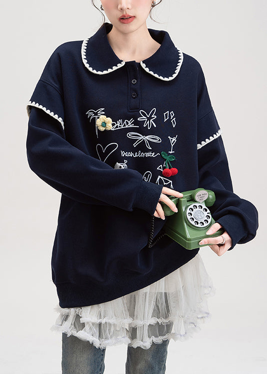 Loose Navy Button Print Cotton Pullover Spring