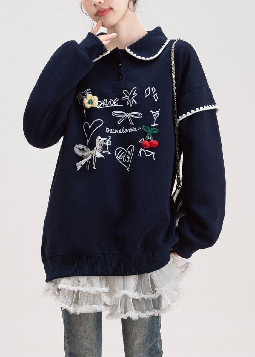 Loose Navy Button Print Cotton Pullover Streetwear Spring