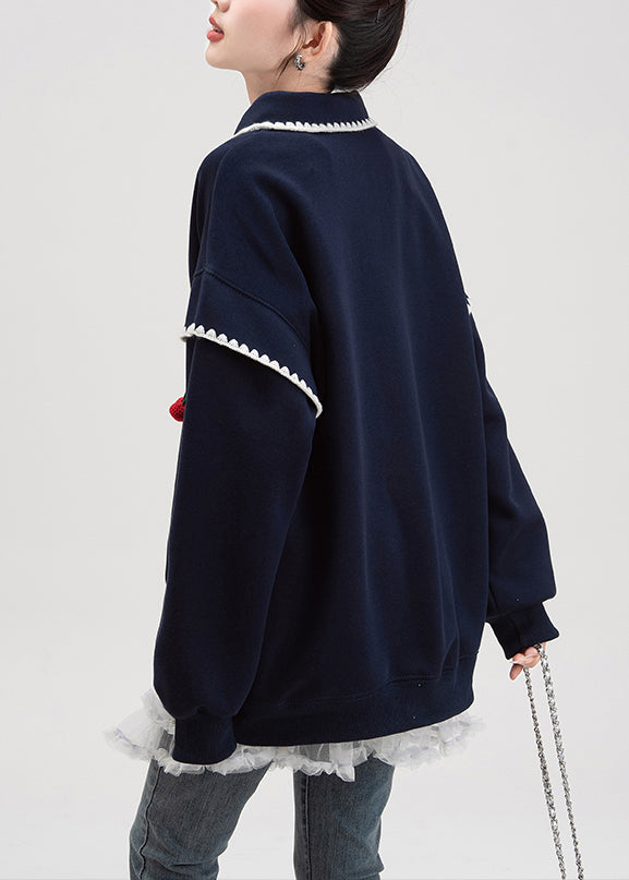Loose Navy Button Print Cotton Pullover Spring